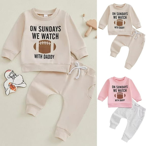 THDHVS Toddler Outfits for Girls,Newborn Boy Outfits,Kid's Football Hoodie and Pants Two-piece Set Long Sleeve Round Neck Top/shirt Set Beige 6-12 Months