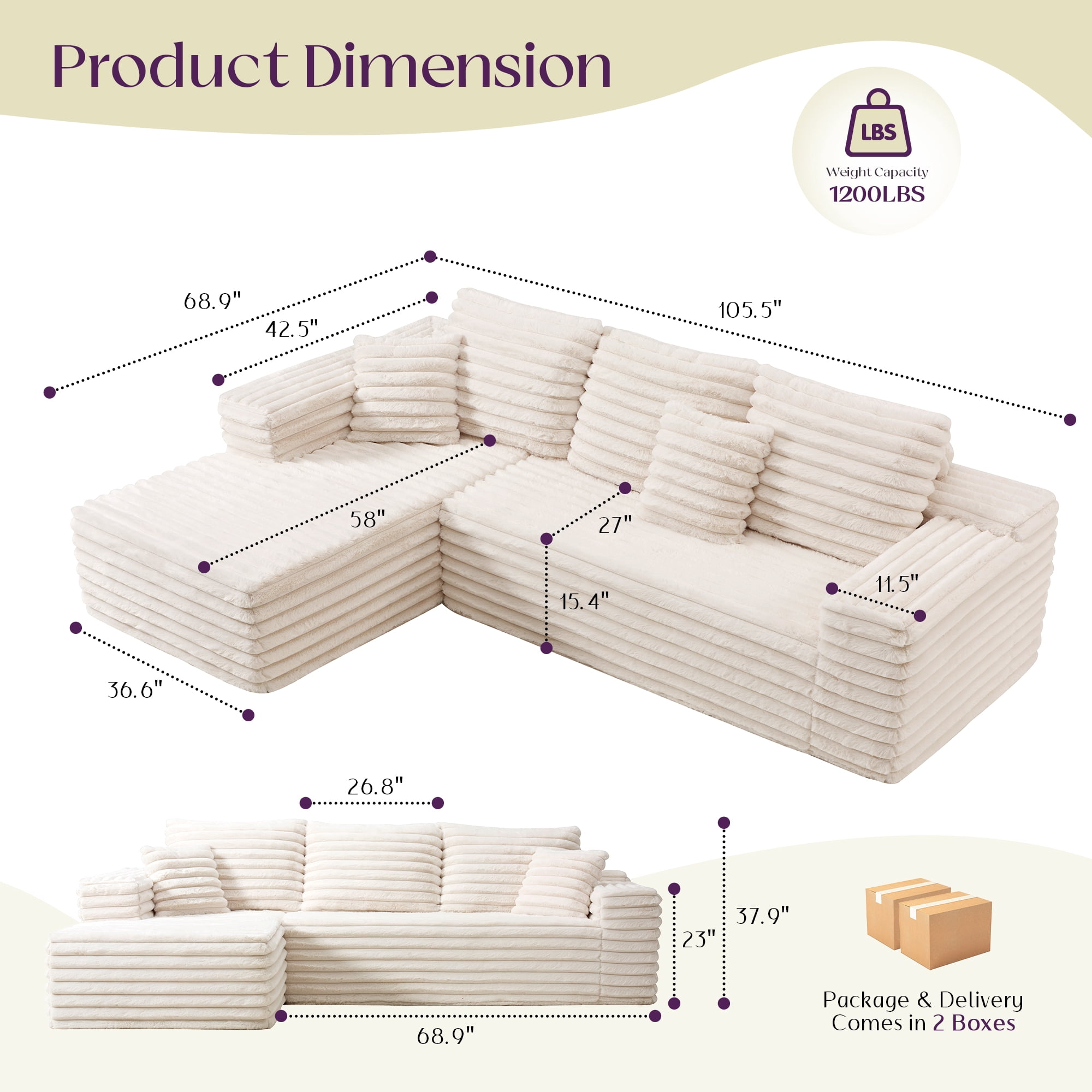 VANACC 106" Sectional Sofa, Morden Deep Seat Oversized Couch with Plush Pillows, Pet-Friendly Upholstery, No Assembly Required, Cream