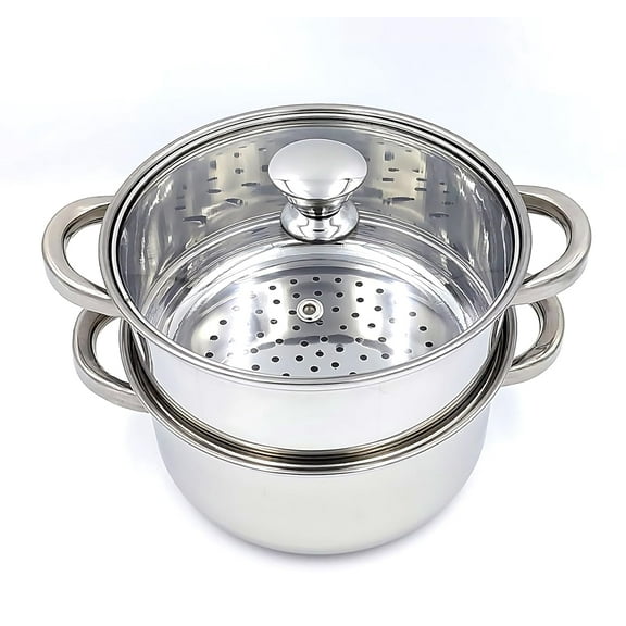 Stainless Steel Momos Maker & Steamer With Glass Lid & Handles - Silver, 18cm, 2 Liters | Induction & Gas Base - 2 Tier Multipurpose Steamer | Modak, Seafood, Dumplings Maker - Durable, Easy To Clean