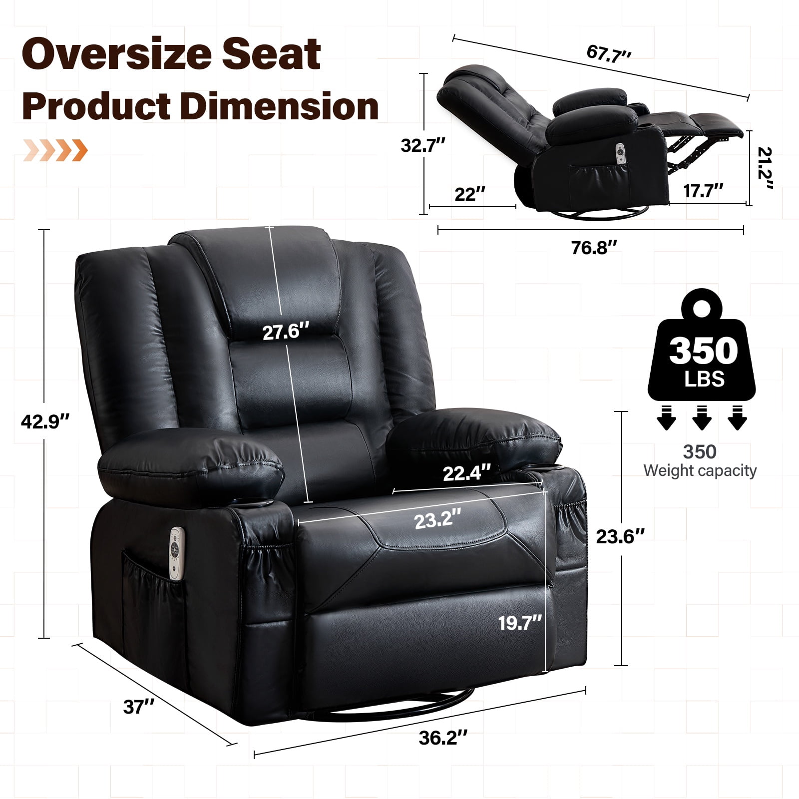UHOMEPRO Swivel Recliner Chair for Adults, 360° Manual Swivel Rocker Recliner with Massage and Heat, 23 Inch Wide Seat, Overstuffed Armrests, Cup Holders, USB Charging Port and Storage Pockets, Black