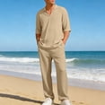 thumbnail image 2 of Jessboyy Mens Pants Sets 2 Piece Outfits Summer V Neck Short Sleeve T Shirts and Pants with Pockets Travel Vacation Outfits Casual Clothing Set Khaki,XL, 2 of 9