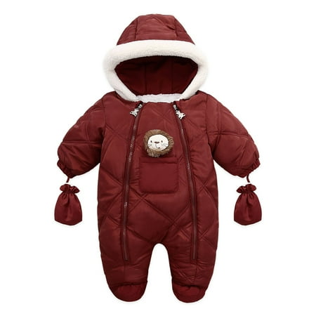 

Sunisery Newborn Baby Boys Girls Winter Warm Jumpsuit Cartoon Lion Hooded Long Sleeve Romper with Gloves Zip Up Footies Wine Red 9-12 Months