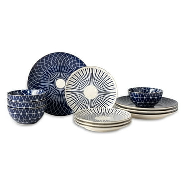 Thyme & Table Blue and White Calypso Collection, 12-Piece Stoneware Dinnerware Set