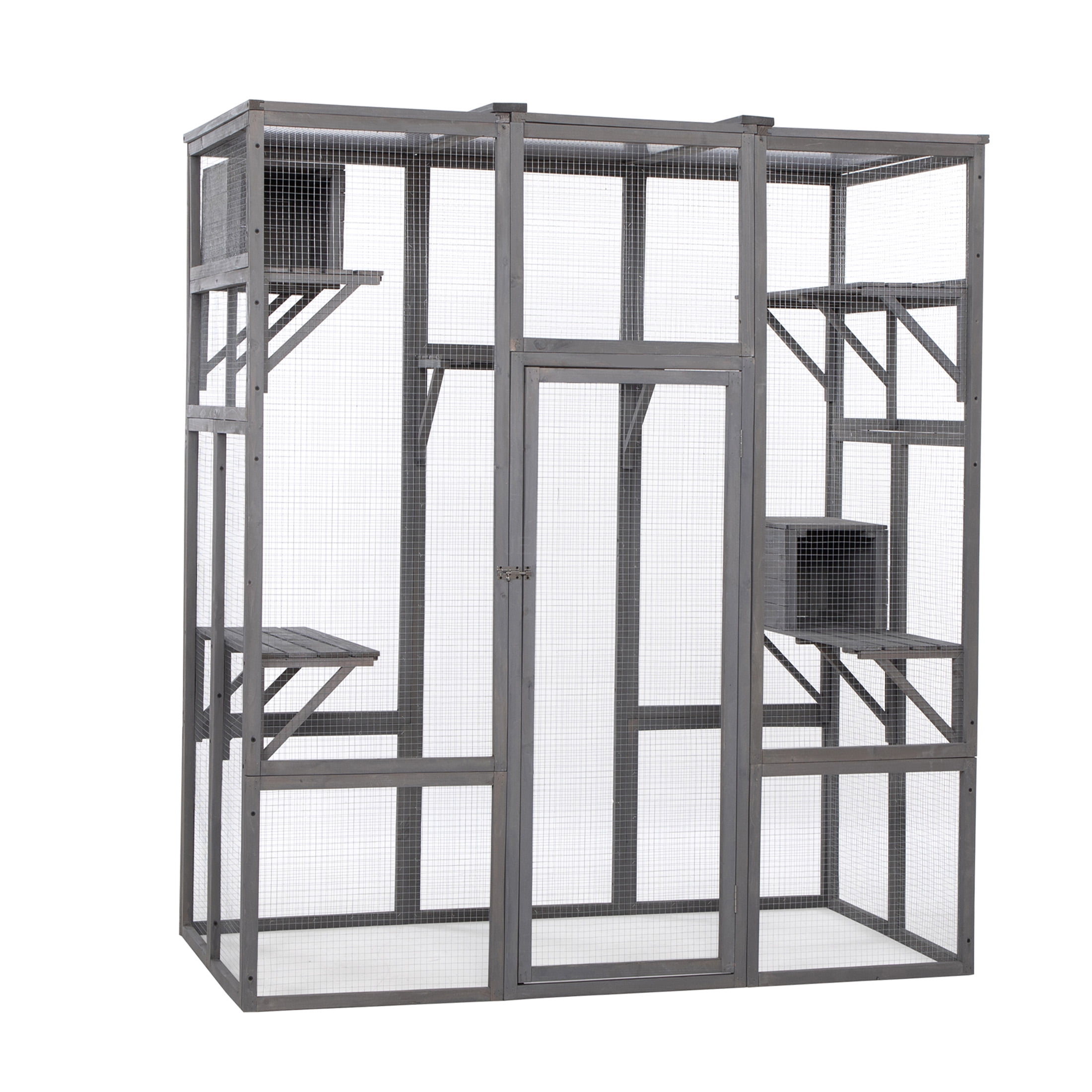 JERFIT Large Outdoor Cat Enclosure with Roof, Multi-Level Indoor/Outdoor Cat Cage Playpen with Lockable Door, Wooden Catio for Multiple Cats, Gray