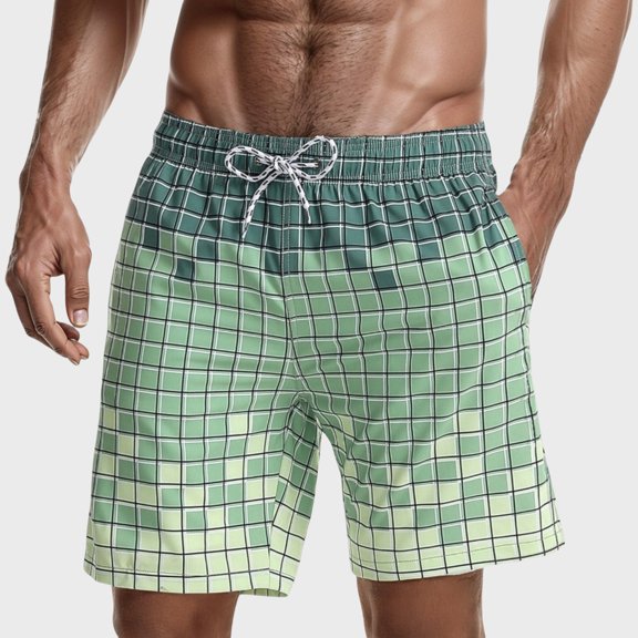 Men's Gradient Checkered Swim Trunks with Adjustable Drawstring Waistband and Quick-Dry Lightweight Fabric - X Large, Green