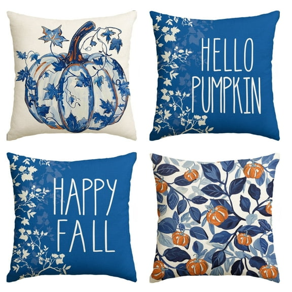 Sm:)e Set of 4 Fall Pillow Covers 18x18 Inch - Autumn Decorative Throw Pillowcases with Pumpkins Chinoiserie Grandmillennial