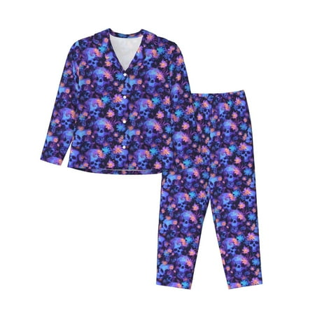 Horeoi Skull daisy purple Pattern Fashion Long Sleeve Button Cardigan Pajamas Set Loose Two-Piece Sleepwear For Women with Long Pants-Large