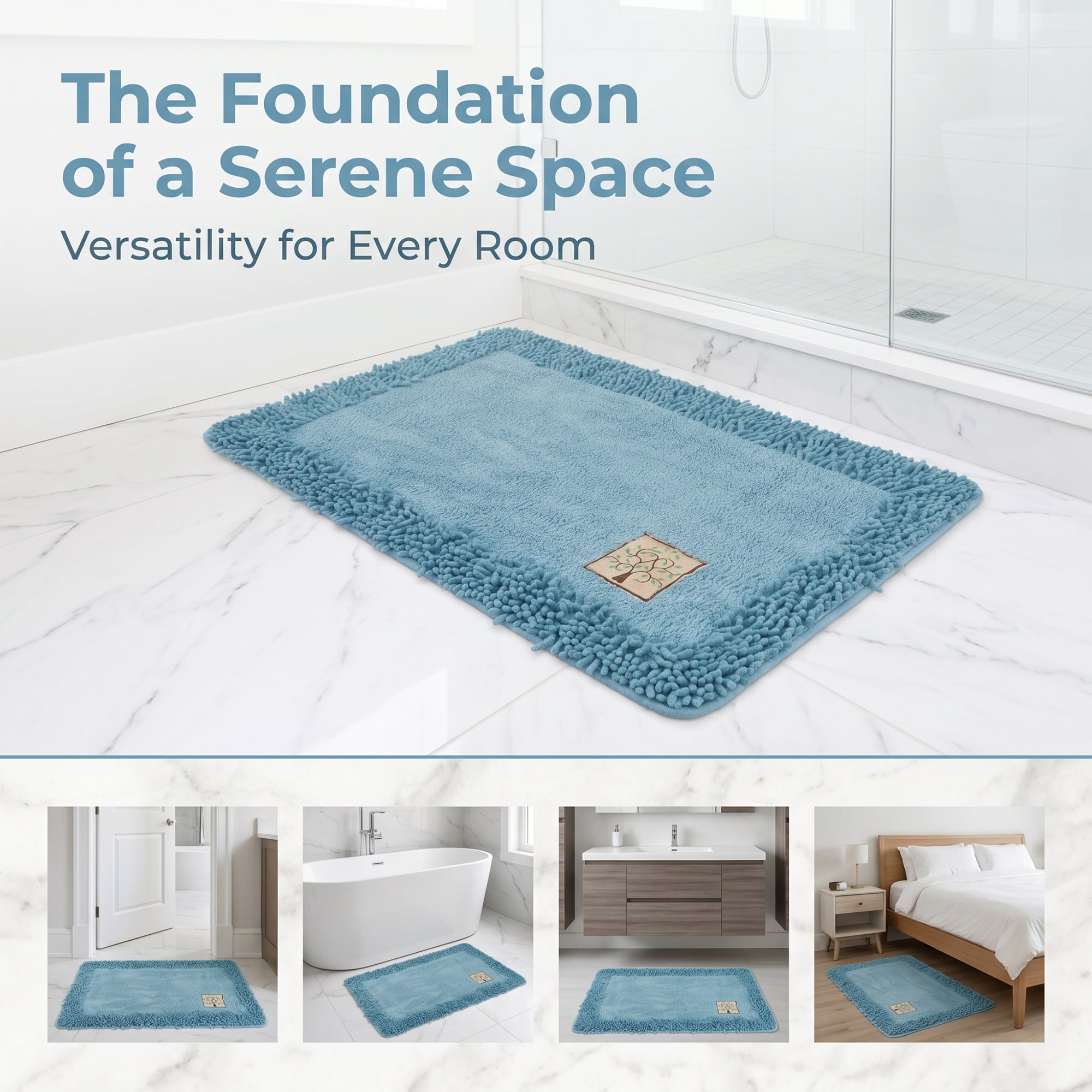 Unique Bargains Chenille Non Slip Bath Mat Ultra Soft Absorbent Shower Rug Blue 24" x 16"