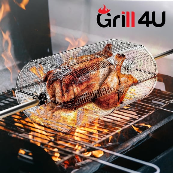 Rotisserie Basket for Outdoor Grill (15.4" x 6.8" x 6.4") - Heavy Duty Stainless Steel BBQ Basket with Reinforced Latch & Safety-Smooth Edges