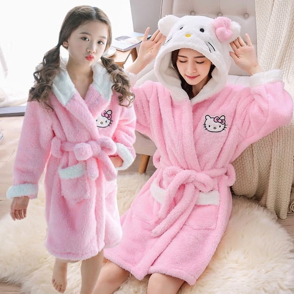 KT Cat Coral Fleece Robe Women Warm Cartoon Long-sleeved Bathrobe Morning Robe Pajamas for Autumn and Winter Size 10-16 & S~XL