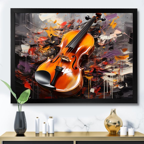 Designart "Rhythms of Jazz on Cello I" Entertainment Framed Wall Art Decor - Vintage Yellow Music Bedroom Framed Canvas Wall Art