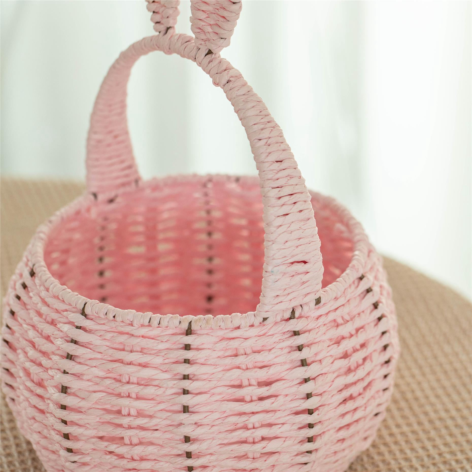 Wickerwise Hand-Woven Easter Bunny Ear Basket with Handle – Multi-Purpose Paper Rope Wicker Basket for Easter Egg Hunts, Picnics, Flower Arrangements, Food Storage, Party, and Home Decor, Pink