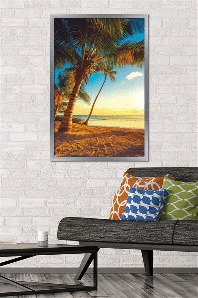 Scenery - Sunset on the Beach Wall Poster, 22.375" x 34", Framed