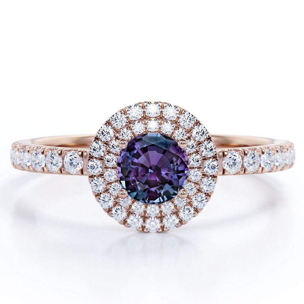 JeenMata Double Halo - 1.75 Carat Round Cut Lab Created Alexandrite and Moissanite - Pave Shank Engagement Ring - 18K Rose Gold Plating over Silver