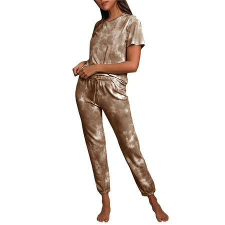 

Ladies Tie-Dye Two-Piece Pajamas Round Neck Loose Short-Sleeved Drawstring Elastic Waist Trousers Pajamas