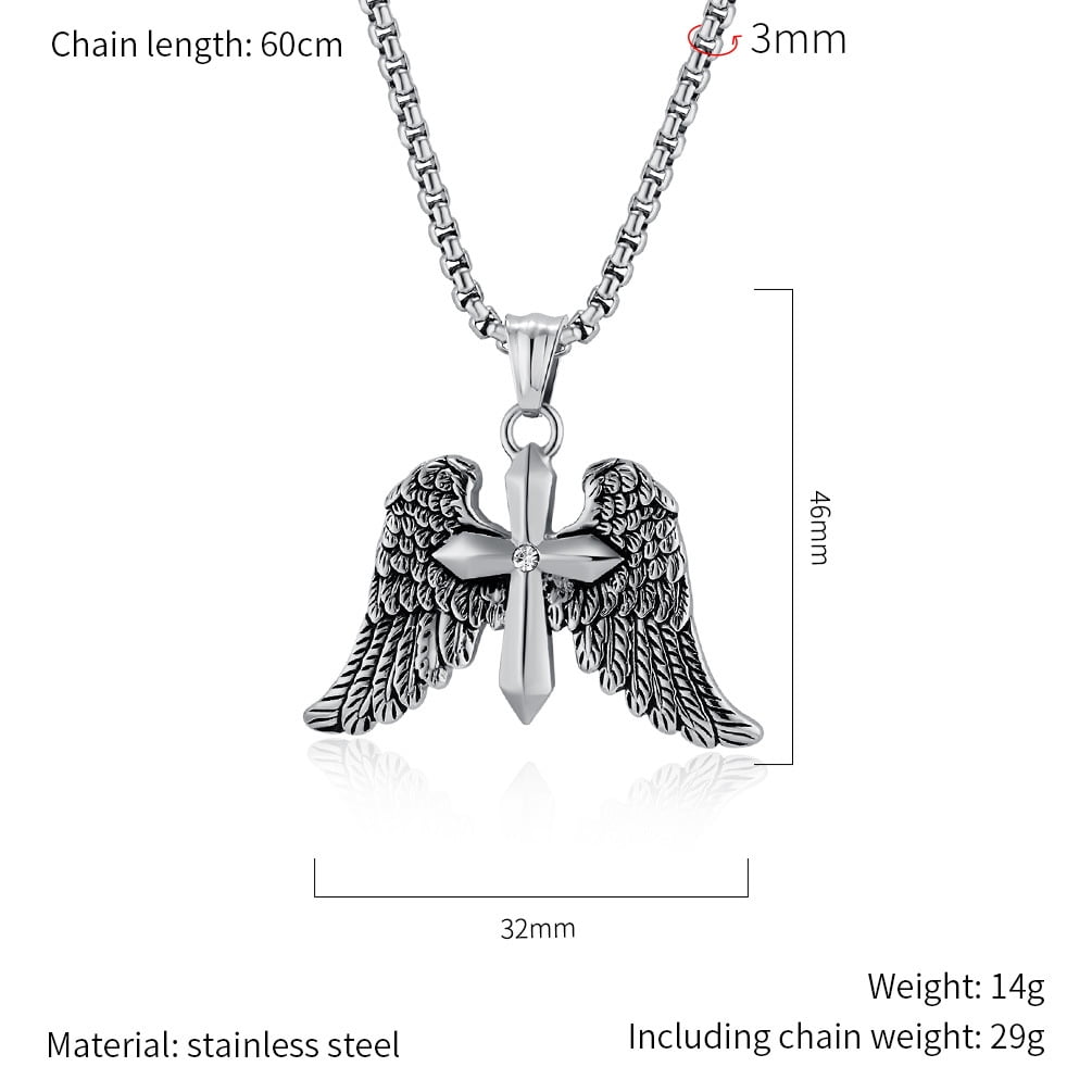 Angel Wing Cross Necklace, Vintage Cross Pendant, Christian Jewelry, Men's Gift, 23.62-inch