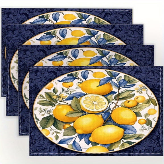 4pcs Lemon Pattern Printed Rectangular Linen Placemats Table Mats Durable Washable Rustic Linen Vintage Placemats for Home Dinner Party Camping Wedding Table Decoration 12 x 18 inches