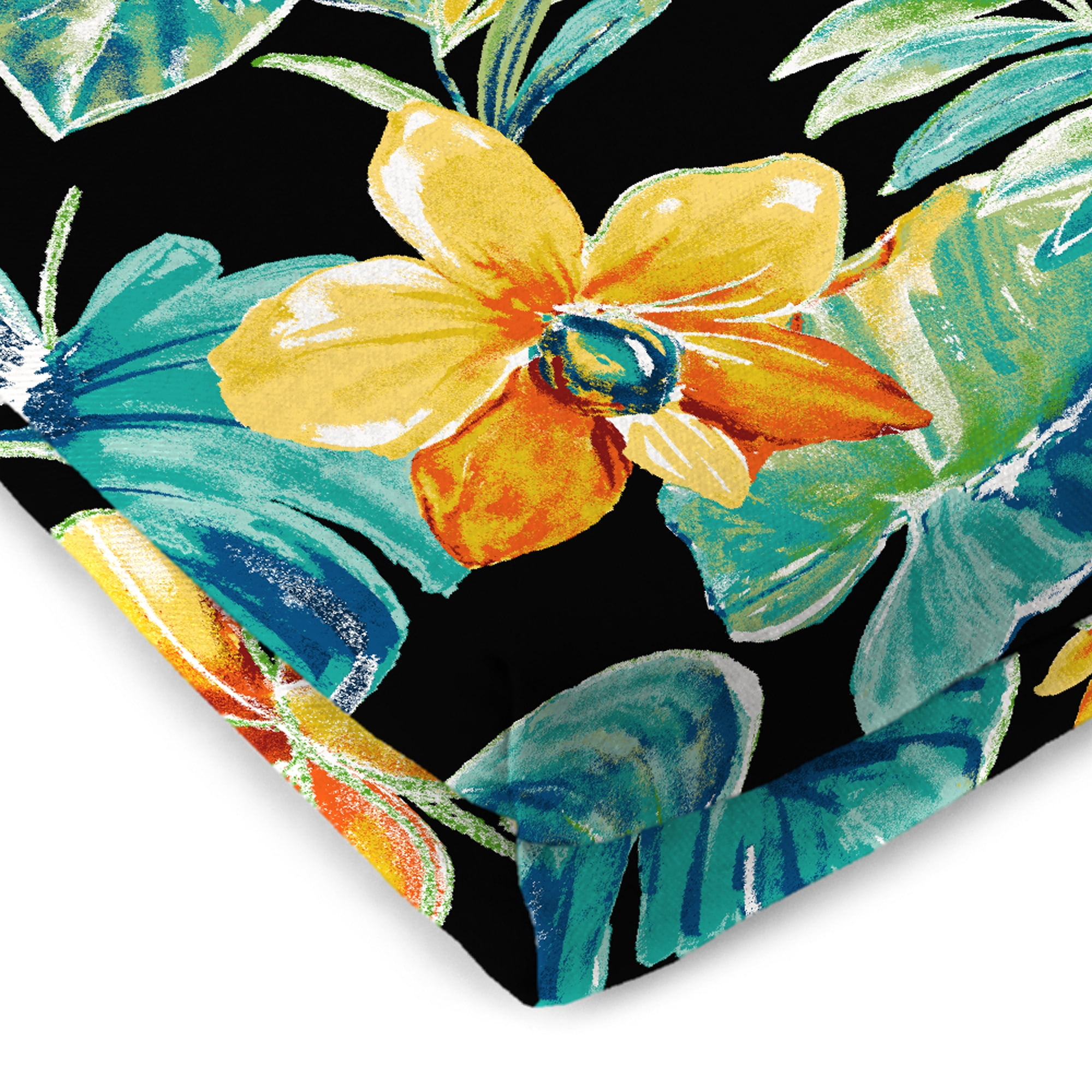 Jordan Manufacturing 17" x 19" Beachcrest Caviar Black Floral Rectangular Outdoor Chair Pad Seat Cushion with Ties (2 Pack)