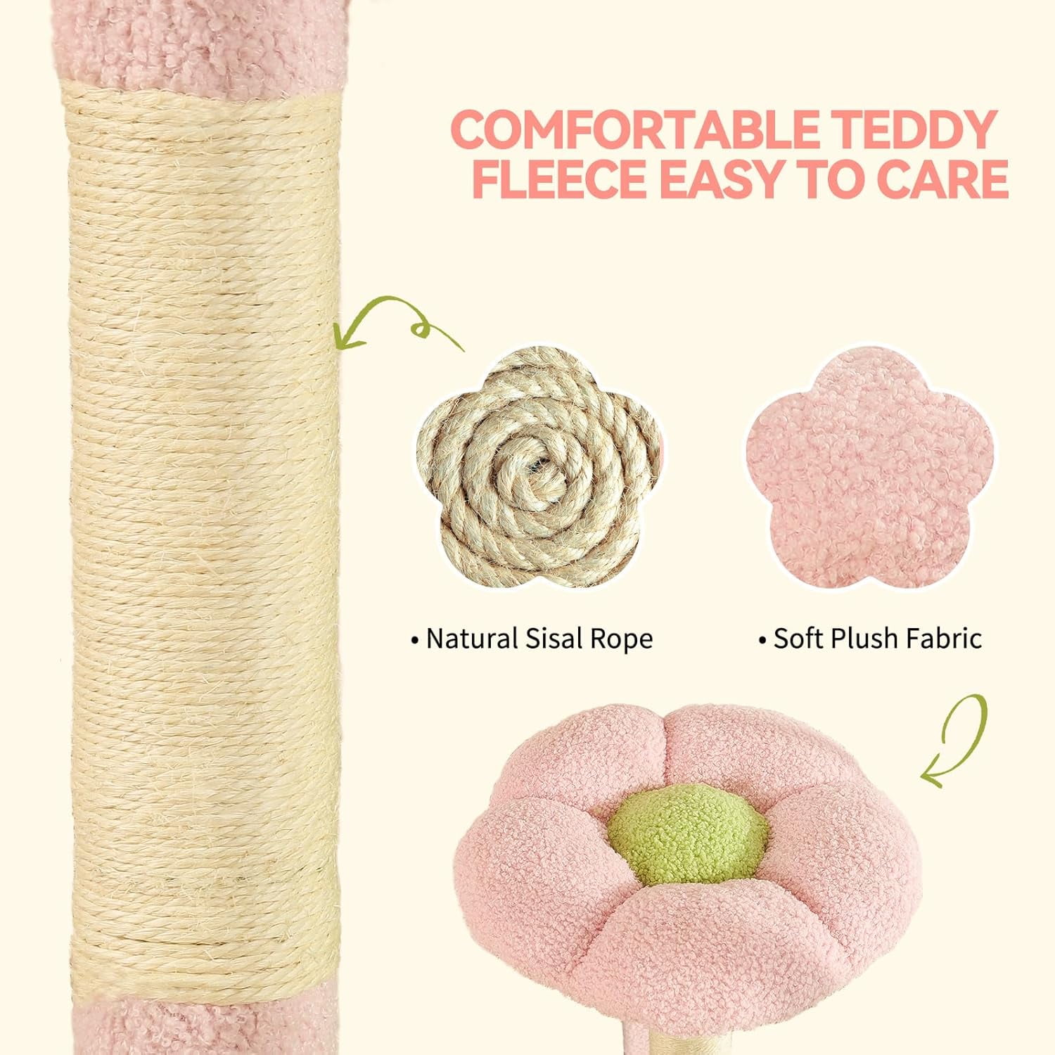 65-Inch Flower  Tree for Large Cats, Pink  Tower with  Large Condo, 2 Perches, Spacious Hammock and 6 Sisal Scratching Posts for Indoor Cats