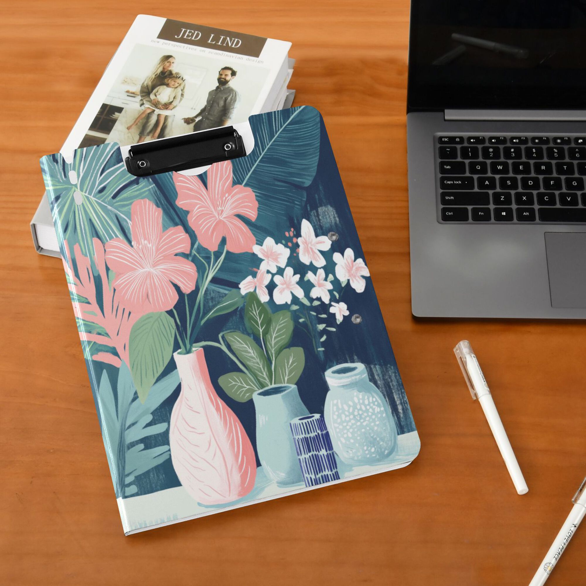 FORMRS A4 Clipboard Folder with Pen Holder Horizontal Foldable School Office Binder, Pink Flowers