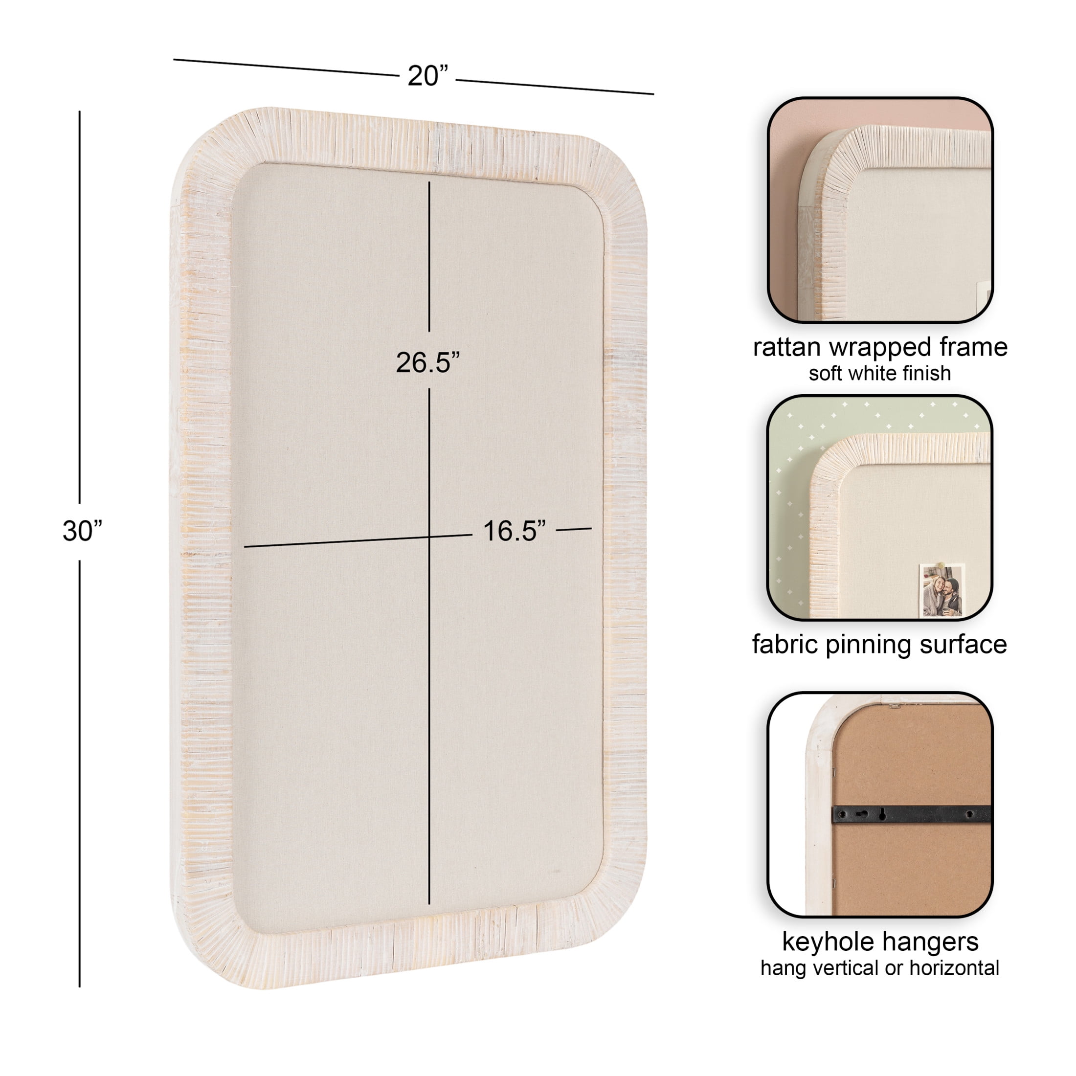 Kate and Laurel Rahfy Modern Rattan Framed Wall Pinboard, 20 x 30, White, Boho Rounded Rectangle Bulletin Board for Use as Dorm Room Decor or Vision Board