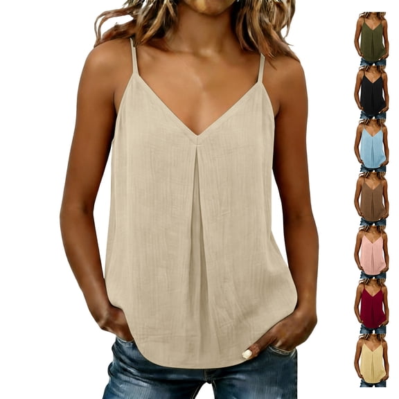 TGSLY Deep V Neck Linen Tank Tops for Women Lightweight Front Pleated Detail Sleeveless Vest Loose Fit Dressy Casual Adjustable Spaghetti Straps Solid Color Camisole L