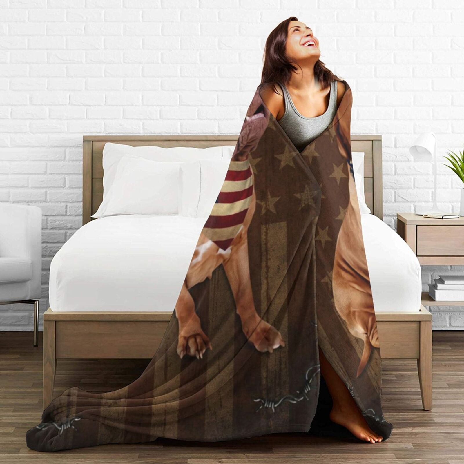 Wijzvio Dogue De Bordeaux Dog With Vintage American Flag Throw Blanket Soft Fuzzy Fleece Blanket For Couch Bed Living Room Decoration 50"X40"