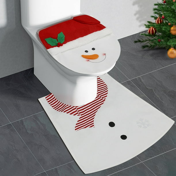 Fiudx Artículos en oferta con ofertas flash Protector de inodoro navideño, funda para inodoro con diseño de Papá Noel y muñeco de nieve, juego de dos piezas de alfombrilla para el suelo, decoración n