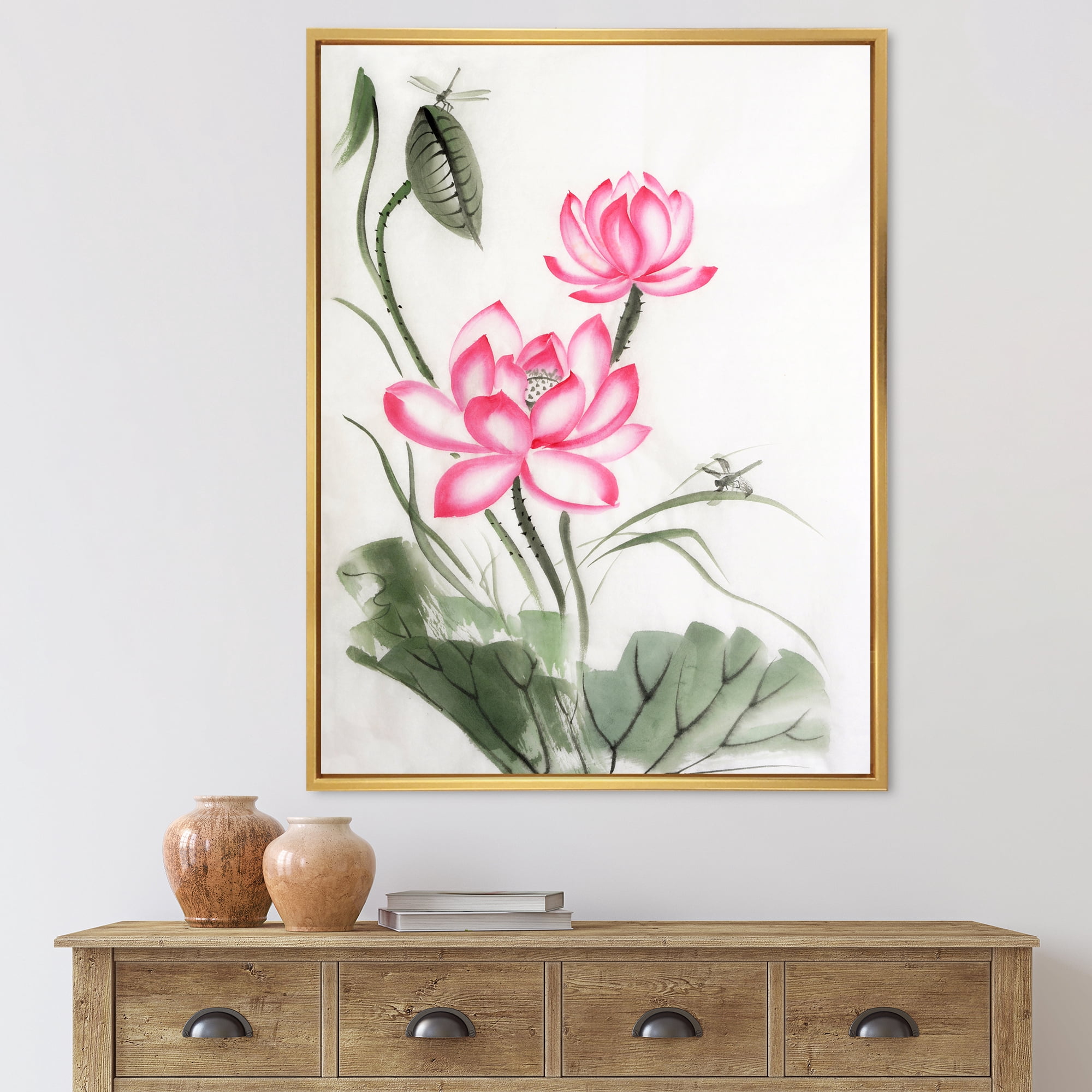 Designart 'The Dragonfly and Lotus I' Traditional Framed Canvas Wall Art Print