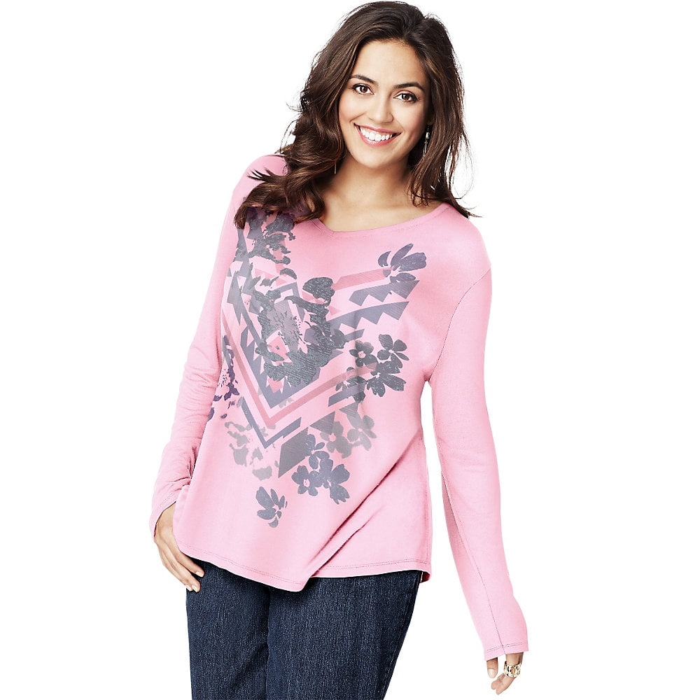 Just My Size Womens Plus Size Long Sleeve Printed V Neck T Shirt