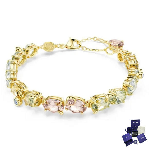 PULSERA BRAZALETE SWAROVSKI TENIS GEMA MULTI COLOR DORADO ORO 14K CRISTALES MUJER