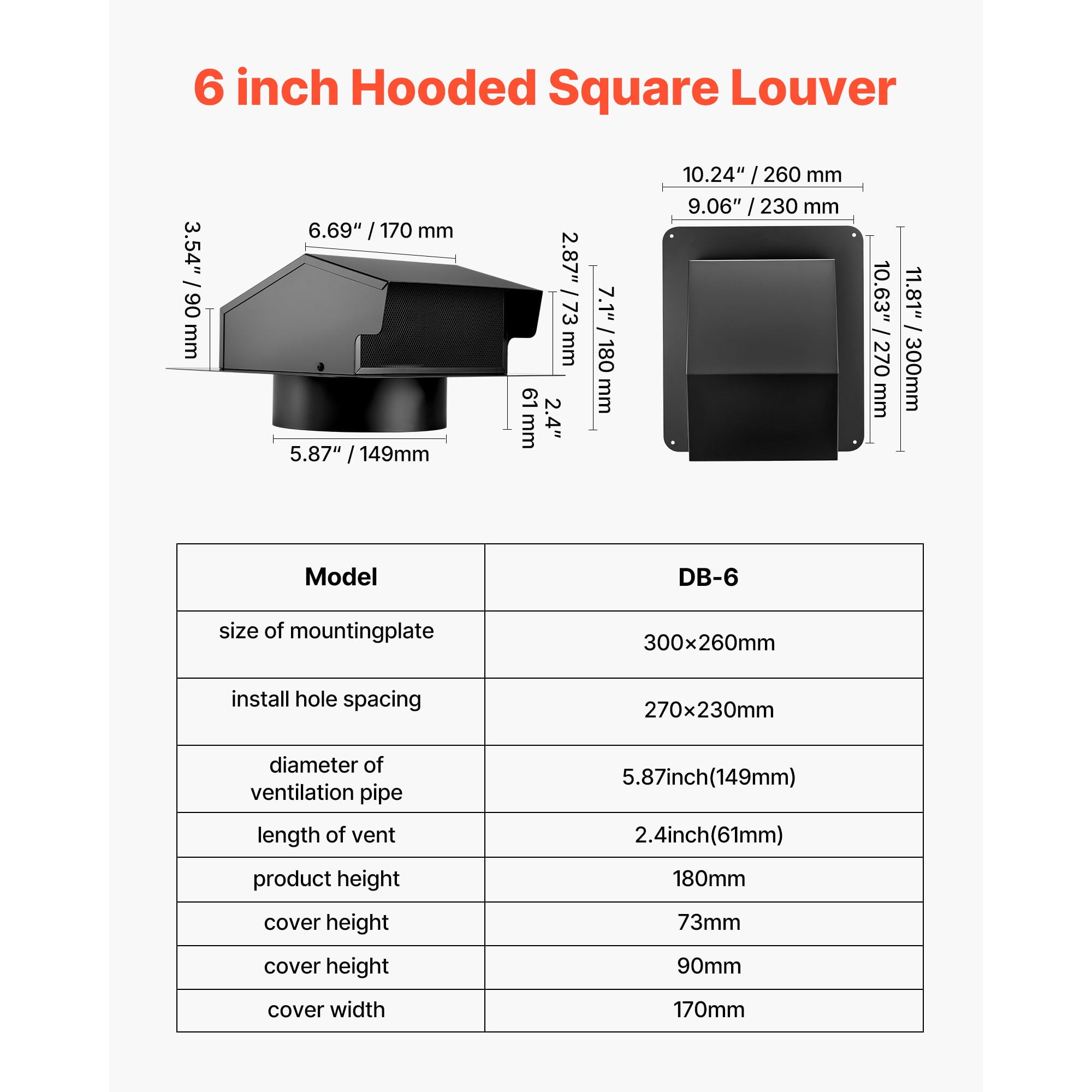 KFFKFF 6-Inch Hooded Wall Vent Cover, Square AC Vent Gable Cover, Durable SPCC Steel with Built-in Protective Screen, Suitable for Roofs, Walls, and Outdoor Duct Exhaust Outlets (1 Pack, Black)
