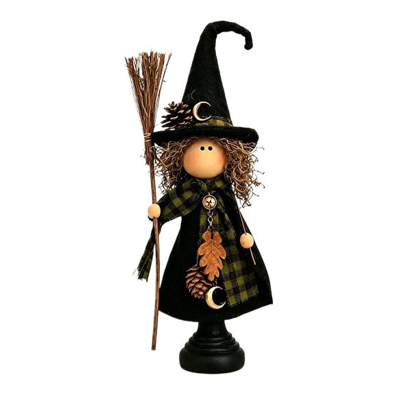 Halloween Witch Figurine Set, Resin Rustic Witch Decorations with Plaid Accents, Tabletop Holiday Ornaments for Mantel Shelf Home Office Party Decor