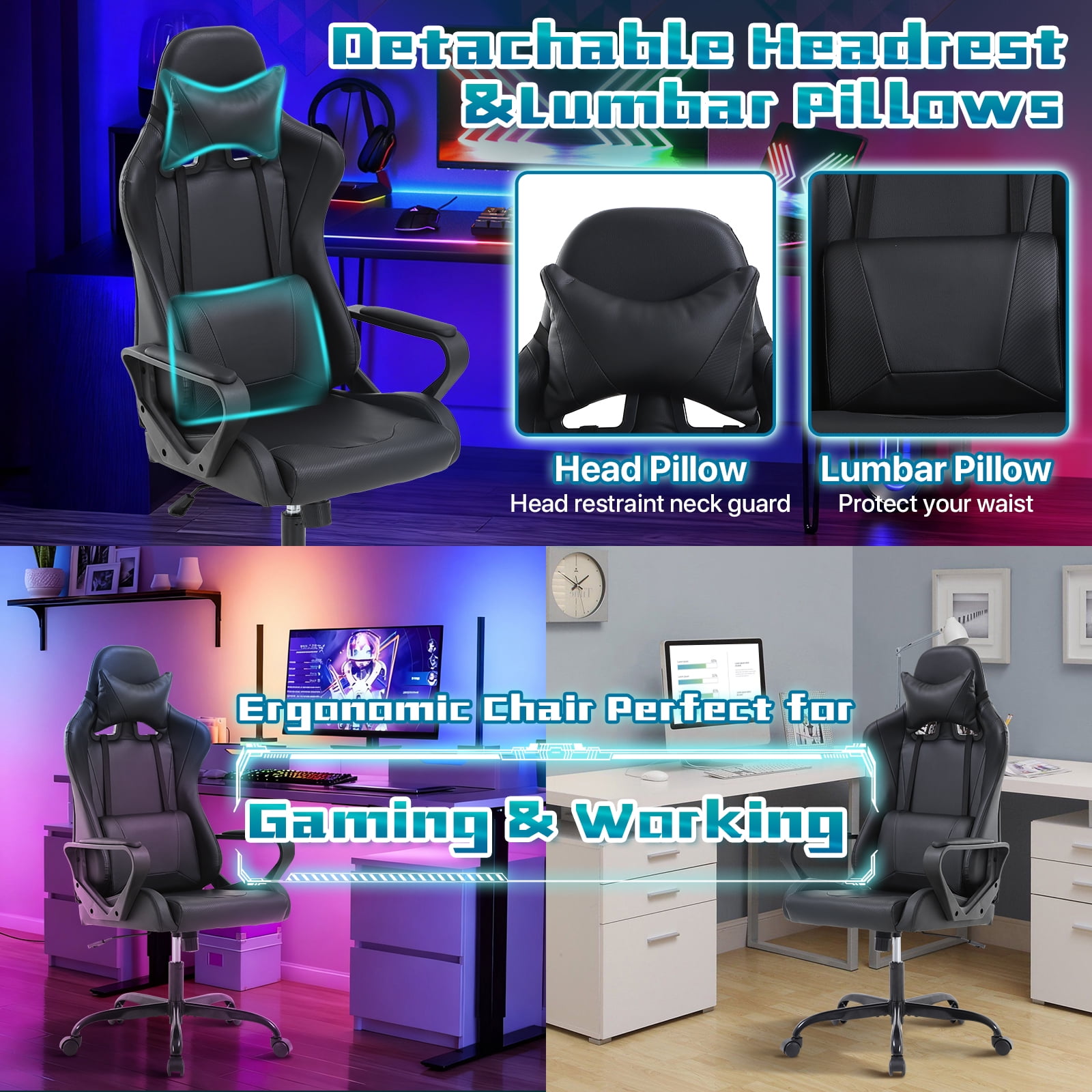 NiamVelo Racing Gaming Chair High-Back Office Chair Pu Leather Gamer Chair Ergonomic Computer Chair with Adjustable Lumbar Support & Headrest for Teens& Adults, Black