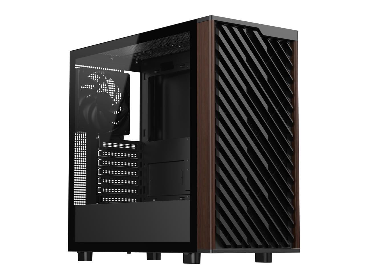 DIYPC DIY-ATX28-Wood Black USB3.0 /Type C ATX Mid Tower Gaming Computer Case w/ Tempered Glass Side Panel and Walnut Wood Front Panel, 4 x 120mm PWM Fans Pre-Installed
