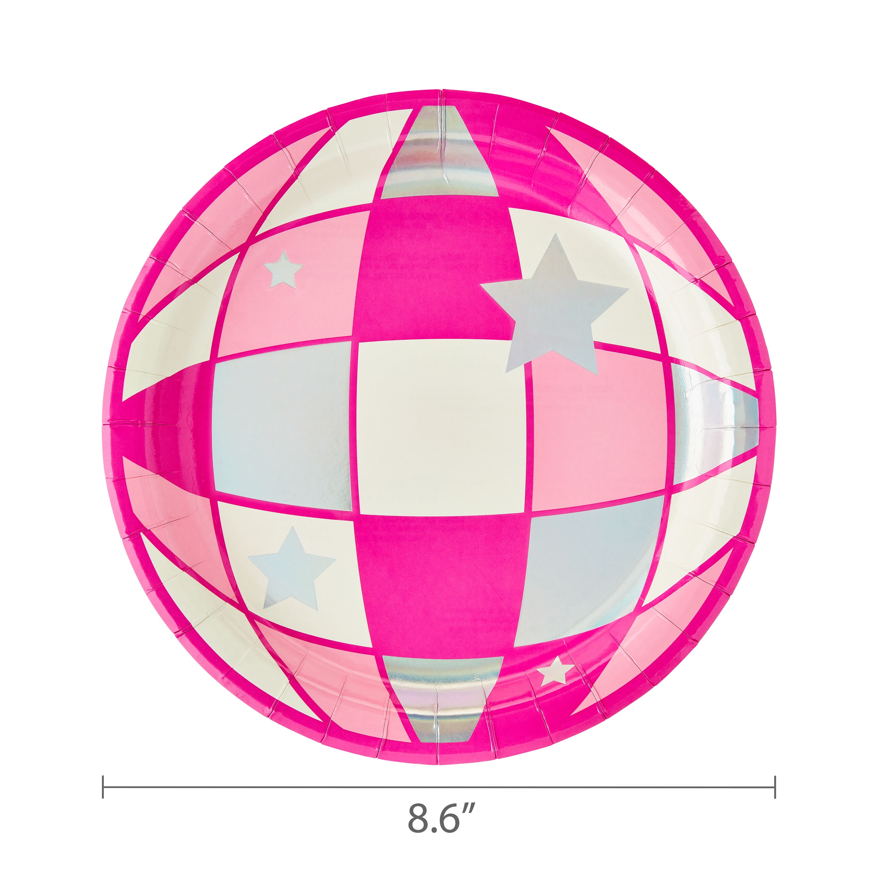 Disco Ball Disposable Round Paper Plates, 9", Pink/Silver, 8 Count, by Way To Celebrate