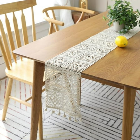 

Natural Macrame Table Runner Cotton Crochet Lace Boho Wedding Table Runner with Tassels for Bohemian Rustic Wedding Bridal Shower Home Dining Table Decor