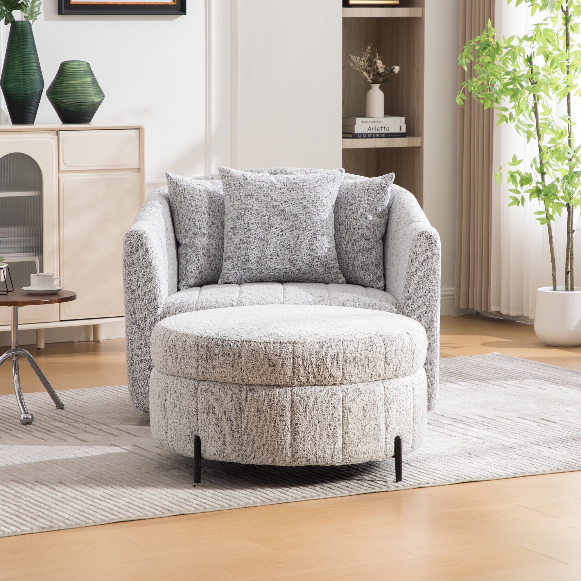39"W Oversized 360° Swivel Accent Chair Set with Storage Ottoman and Pillow