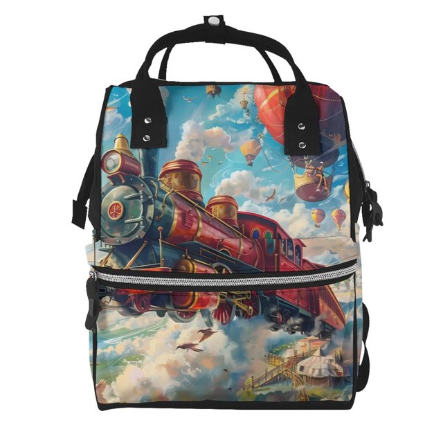 Fotbe Beautiful Red Train Hot Air Balloon Mochila Maternidad - Lona de Sarga Impermeable, Mochila de Pañales de Gran Capacidad con Múltiples Bolsillos y Correas Ajustables
