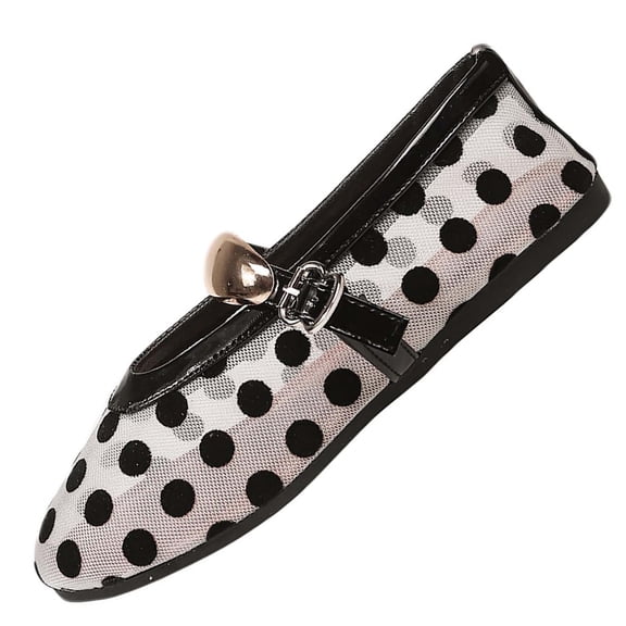 Alkepwun Women's Flats Comfortable Breathable Retro Polka Dot Round Toe Mesh Shoes Casual Lightweight Metallic Buckle Mary Jane Walking Shoes for Daily Wear