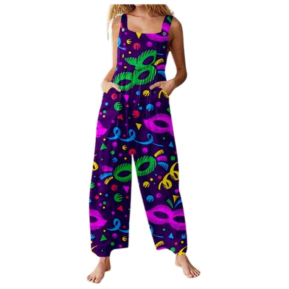 DHFJKG Women's Jumpsuits Summer Bib Overalls Carnival Printed One Piece Outfits Sleeveless Wide Leg Pants Rompers With Pockets Rave Party Trendy Onesie