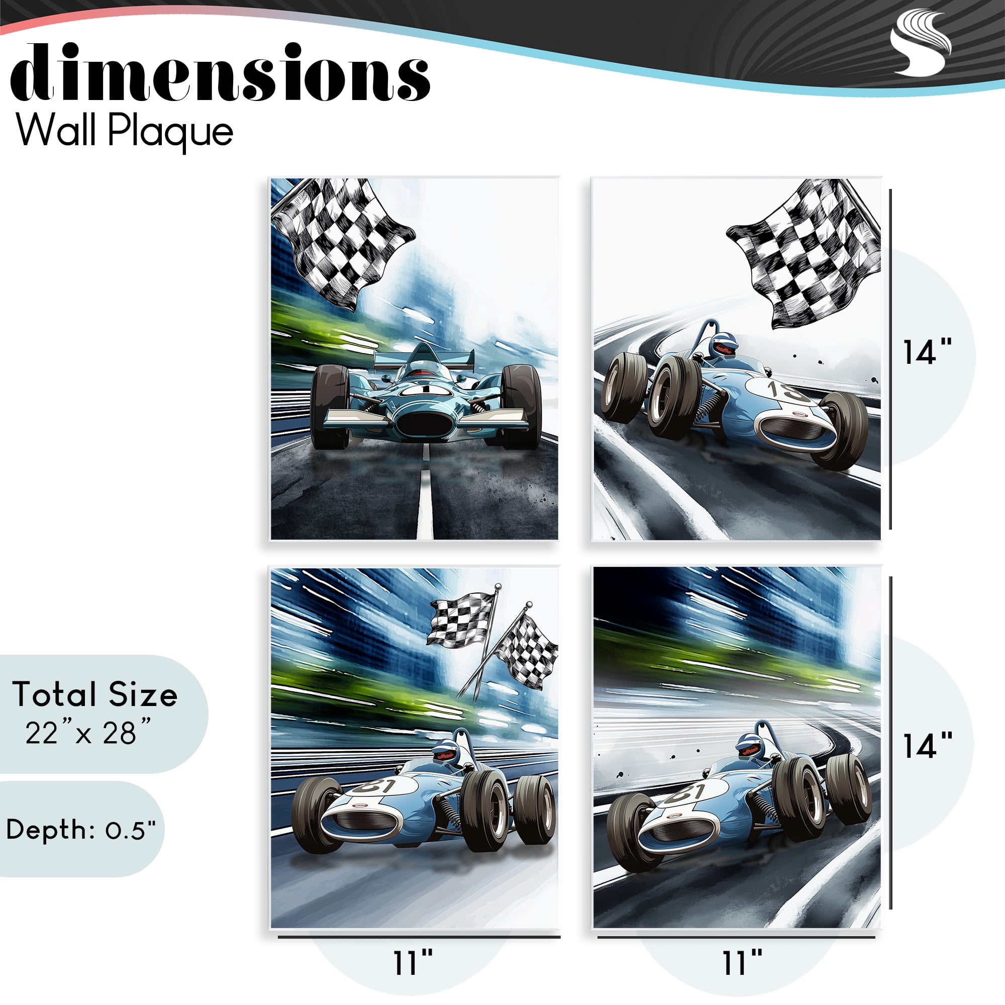 Stupell Industries Ready Set Racecars 4 Piece Wall Plaque Art Set, design by Christine Simpson Art
