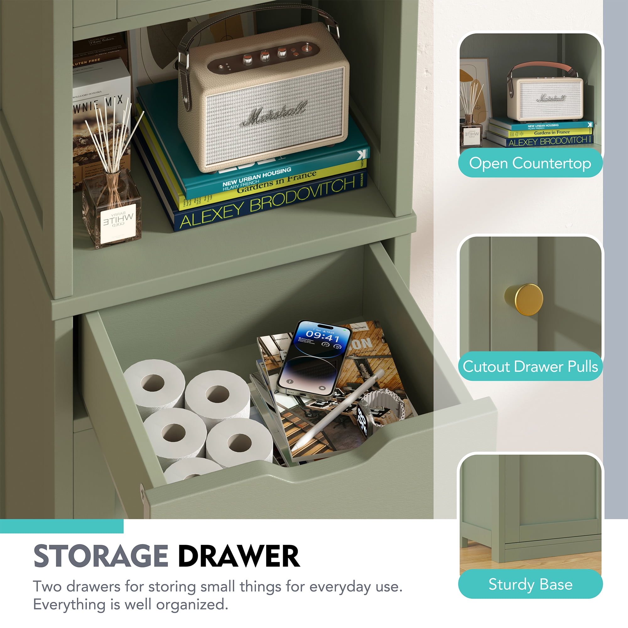 2PCS Bathroom Storage Cabinets 64" Tall Narrow Wooden Cabinets Set of 2 with Doors Shelves Drawer Green