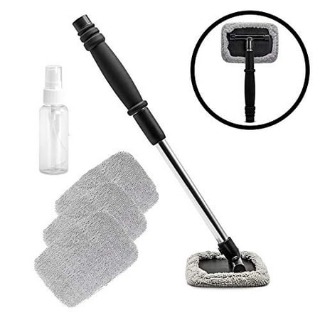 lebogner Windshield Cleaner Tool, Pivoting Car Cleaning Kit for The Interior and Exterior of The Window, Glass Window Wiper with Extendable Handle and 3 Washable Microfiber Cloths, Bonus Spray Bottle