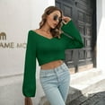 thumbnail image 2 of Defitshape Women's Crop Top Knit Sweater Sweater Soft Waffle Knit Pullover Fashion Casual Sexy Off the Shoulder Bell Sleeve Cropped Top Green Medium, 2 of 4