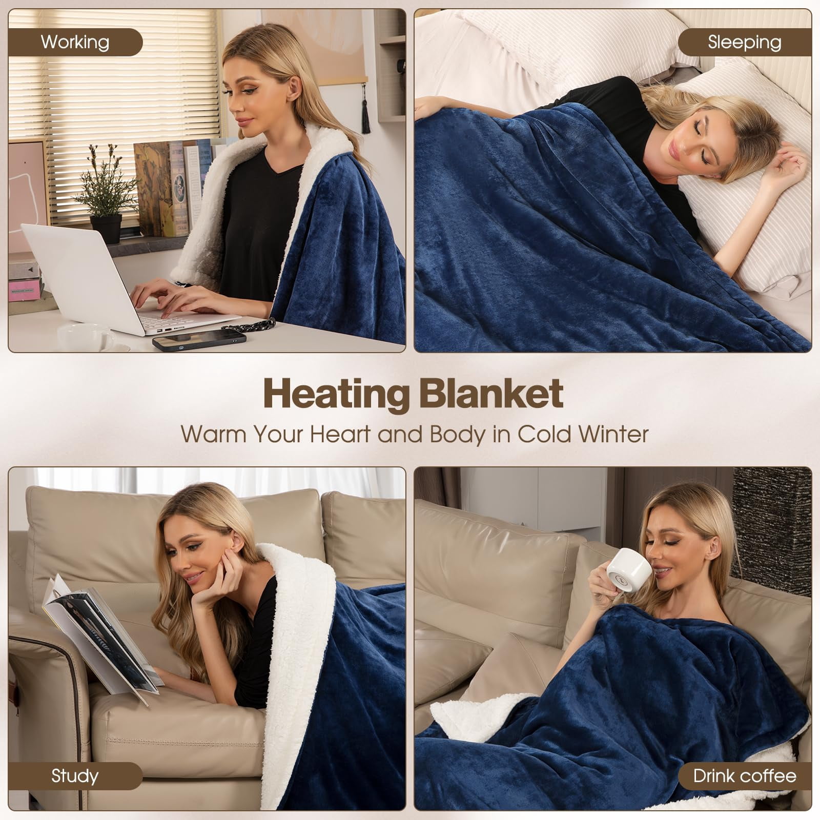 Onemag Electric Heated Blanket King Size 90x100 inches, 6 Heat Settings & 1-10 Hour Auto Shut-off, Machine Washable Soft Flannel Blanket for Home Use, Blue