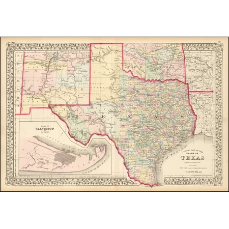 Texas Cartoon Map LAMINATED POSTER County Map of The State of Texas Showing also portions of the Adjoining States and Territories POSTER PRINT 24 x 36 ()
