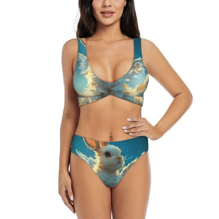 Zeuib Cute Angel Winged Rabbit High Waisted Tummy Control Bikini Set - Knot Front Push Up Top & Cheeky Thong Bottom  Two-Piece Swimsuit for Women-Medium