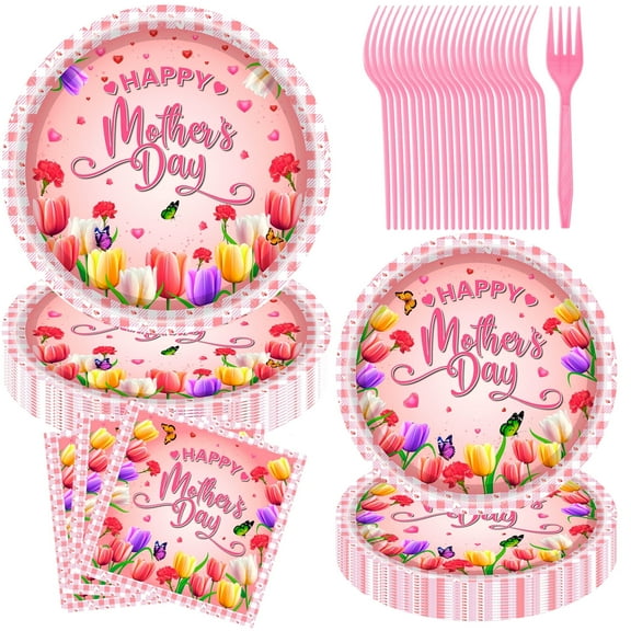 JESTAR Mothers Day Decorations for Party, 96 Pcs Happy Mother's Day Party Paper Plate and Napkins Table Decorations Tableware Set for Best Mom Ever Flowers Theme Mother's Day Decorations
