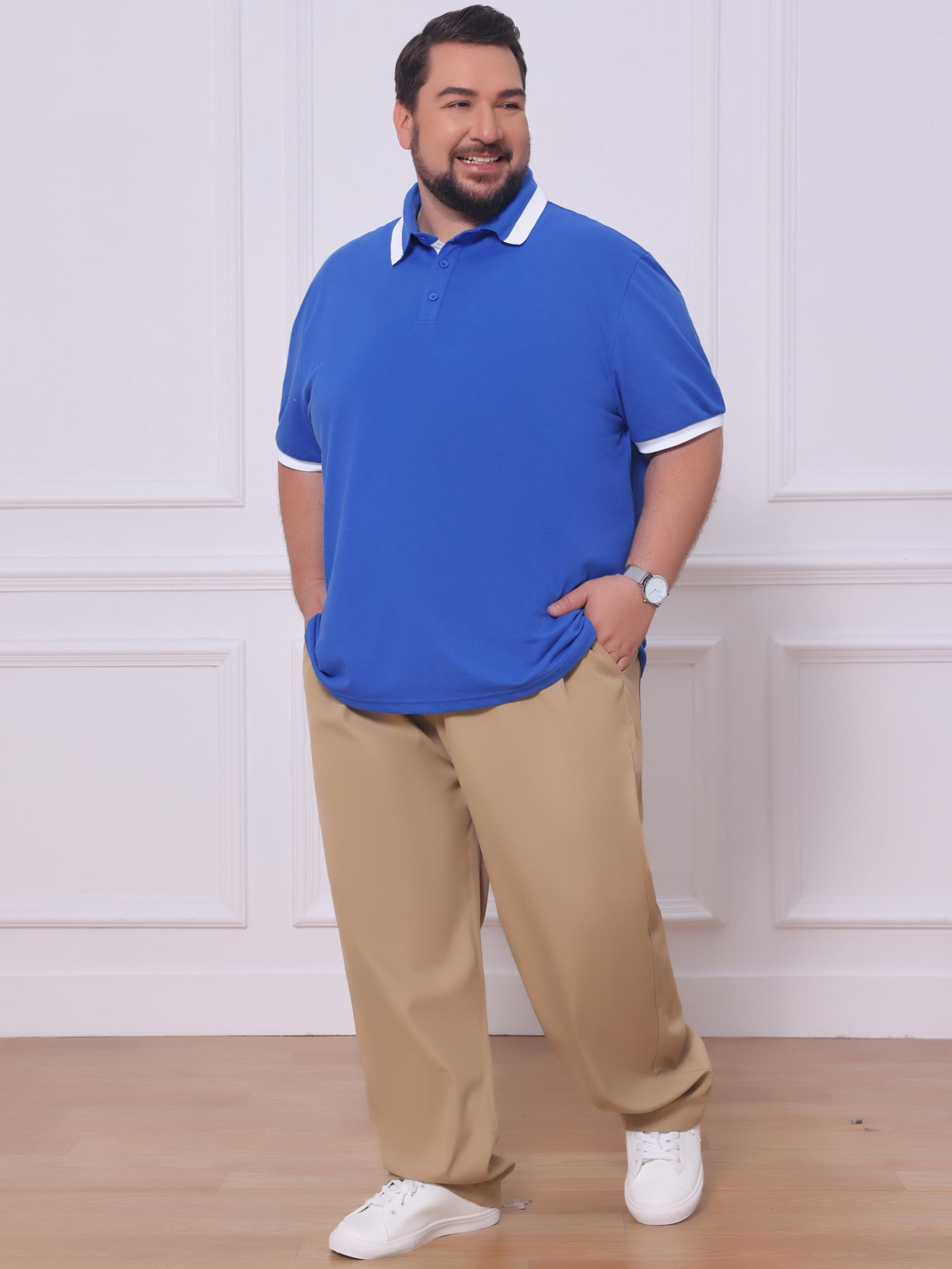 DARING DIVA Men's Big Tall Contrast Color Short Sleeve Button Down Polo 4XL Royal Blue